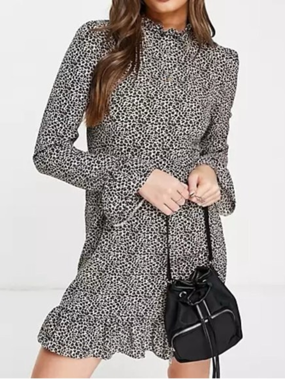 ASOS Leopard Print Ruffle Mini Dress featuring a high neck and fluted cuffs